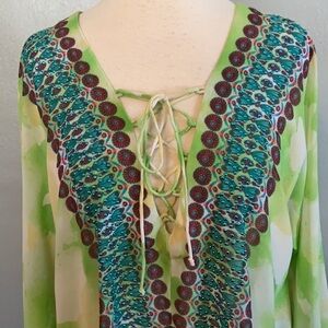 Marc Bouwer Long Sleeve Top Lace Up V Neck Sequins Tie Dye Green Blue M